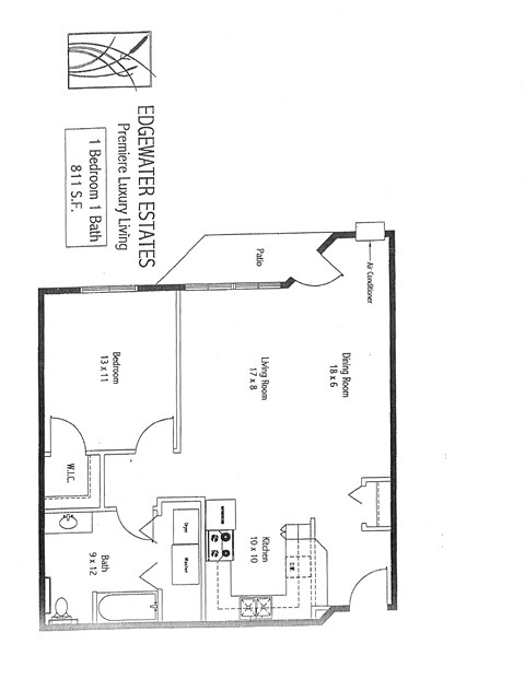 Floor plan for 1 bed, 1 bath, 811 sqft